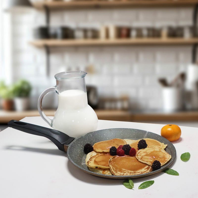 سيرينك مقلاة كريب غير لاصقة، صاج دوسا مقاس 22 سم بطلاء جرانيت وهيكل من الألمنيوم، مقاومة للخدش والقطع، مقلاة دائرية لتحضير الأومليت والتورتيلا والفطائر والبيض، من سلسلة الطهي الممتعة Serenk. - Image 2