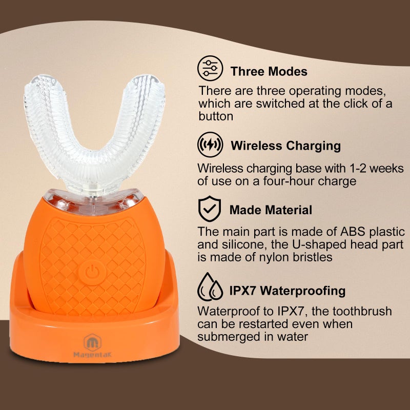 Magentak Ultrasonic U-Shaped Toothbrush for Adults, Electric Toothbrush for Teeth Whitening, Automatic 360-degree with Waterproof IPX7,3 Modes for Cleaning(Orange) - Image 2