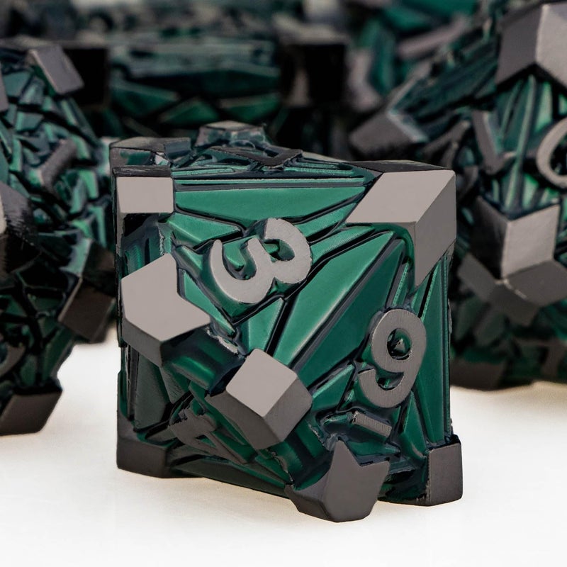 ORIFANTOU 7PCS Metal DND Dice Set with Box, Debris RPG Green D and D Dice for use with D&D Tabletop Games Role Playing Game Polyhedral Dice Set D20 D12 D10 D8 D6 D4 - Image 4
