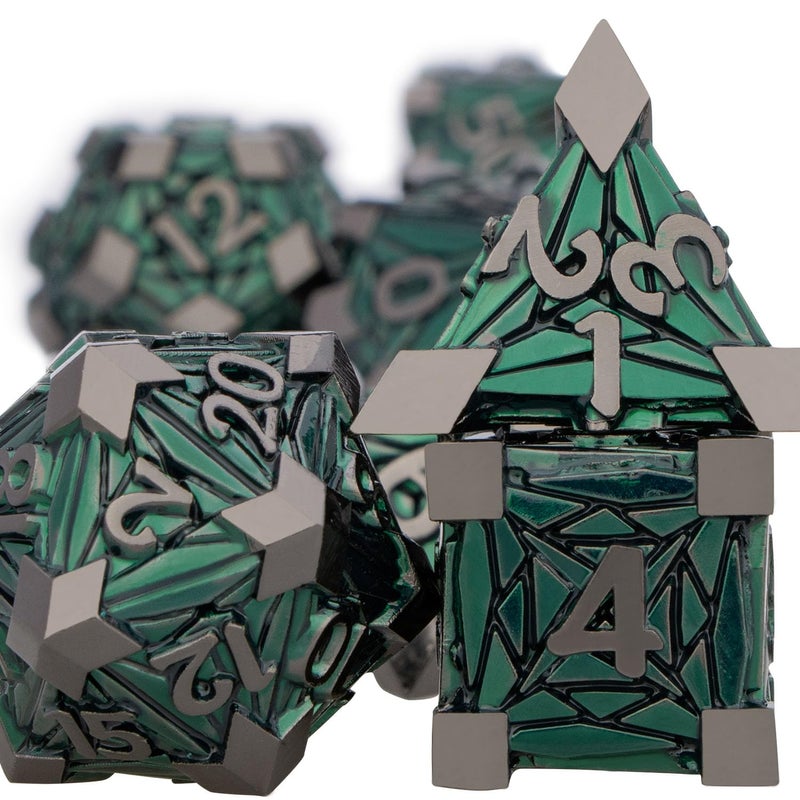 ORIFANTOU 7PCS Metal DND Dice Set with Box, Debris RPG Green D and D Dice for use with D&D Tabletop Games Role Playing Game Polyhedral Dice Set D20 D12 D10 D8 D6 D4 - Image 2