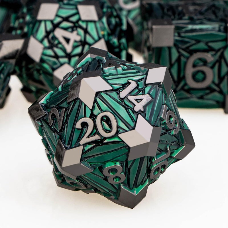 ORIFANTOU 7PCS Metal DND Dice Set with Box, Debris RPG Green D and D Dice for use with D&D Tabletop Games Role Playing Game Polyhedral Dice Set D20 D12 D10 D8 D6 D4 - Image 1
