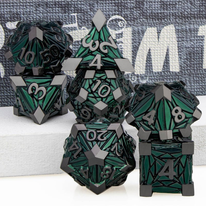ORIFANTOU 7PCS Metal DND Dice Set with Box, Debris RPG Green D and D Dice for use with D&D Tabletop Games Role Playing Game Polyhedral Dice Set D20 D12 D10 D8 D6 D4 - Image 5