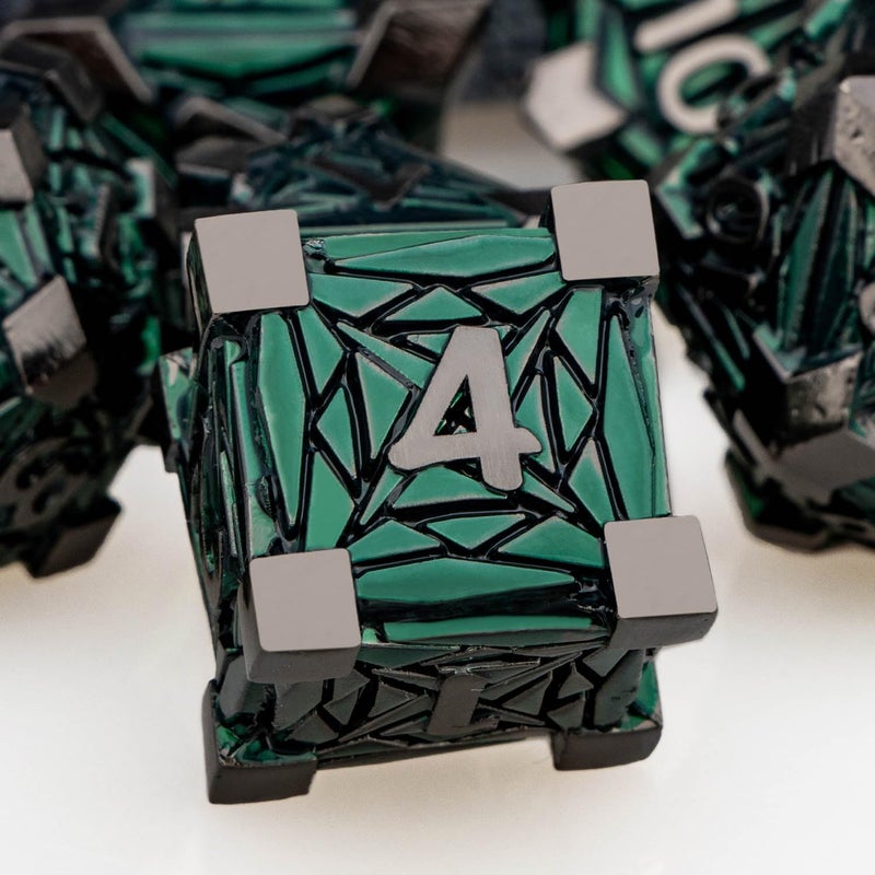 ORIFANTOU 7PCS Metal DND Dice Set with Box, Debris RPG Green D and D Dice for use with D&D Tabletop Games Role Playing Game Polyhedral Dice Set D20 D12 D10 D8 D6 D4 - Image 3