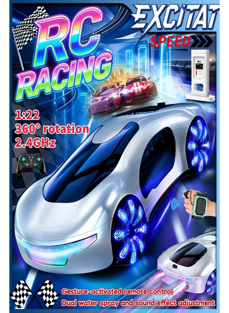 إثارة سيارة تحكم عن بعد، سيارات RC على الطرق الوعرة، مقياس 1:22، ضوء LED 2.4 جيجاهرتز، جهاز تحكم عن بعد بمستشعر للإيماءات، بطارية 1200 مللي أمبير في الساعة، سيارة كهربائية مستقبلية تعمل بالتحكم عن بعد، رش مزدوج وضبط الصوت، دوران 360 درجة، سيارة دريفت عالية السرعة تعمل بالتحكم عن بعد، سيارة دفع رباعي، سيارة لعبة، سيارة تحكم عن بعد، نوع C، سيارات ألعاب هدايا للأولاد والبنات والمراهقين (أبيض) - Image 1