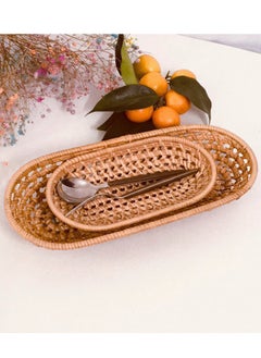 Generic 2PCS Rattan Woven Tray Wicker Bread Basket, Woven Tabletop Food Fruit Vegetables Serving Basket Oval Hand-Woven Tea Tray Rattan Bread Storage Tray for Food Storage and Towel Storage Rattan Tray  - Image 2