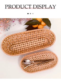 Generic 2PCS Rattan Woven Tray Wicker Bread Basket, Woven Tabletop Food Fruit Vegetables Serving Basket Oval Hand-Woven Tea Tray Rattan Bread Storage Tray for Food Storage and Towel Storage Rattan Tray  - Image 5