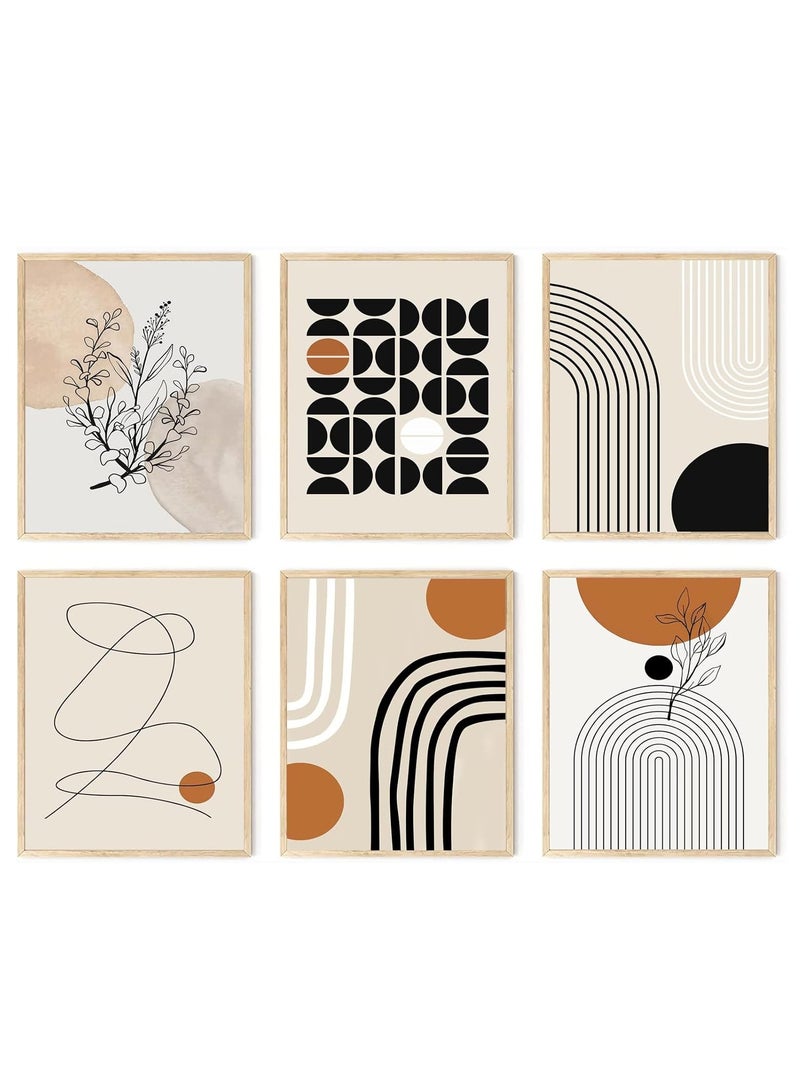 Today Idea Abstract Boho Wall Art Prints Set of 6, Minimalist Geometric Boho Wall Art Orange Beige Palm Leaf Line Art Canvas Painting Pictures, Mid-Century Modern Prints Gallery Wall Posters for Bedroom Living - Image 1