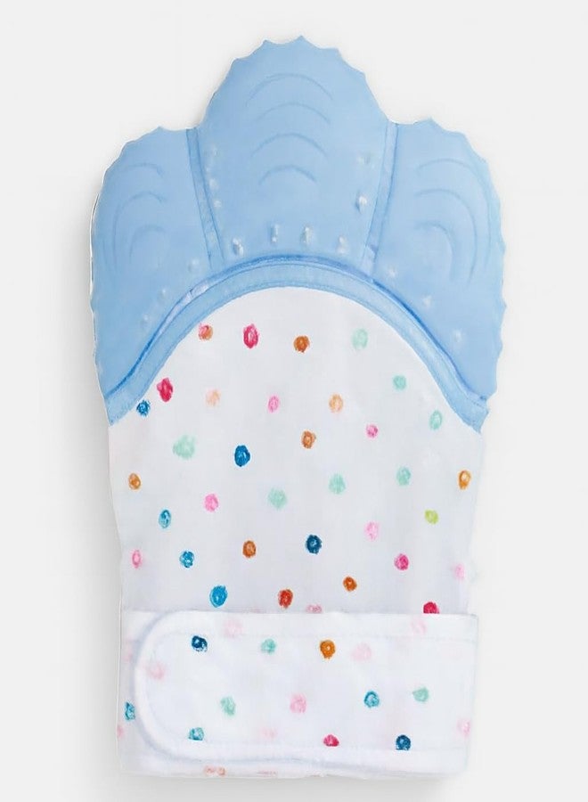 DTR Creation Teething Mitten with Blue Top & Polka Dots | Silicone Infant Teething Glove with Adjustable Strap, Crinkle Sound & Textured Silicone | Soothing for Swollen Gums, Age 3 Months + | BPA-Free - Image 1