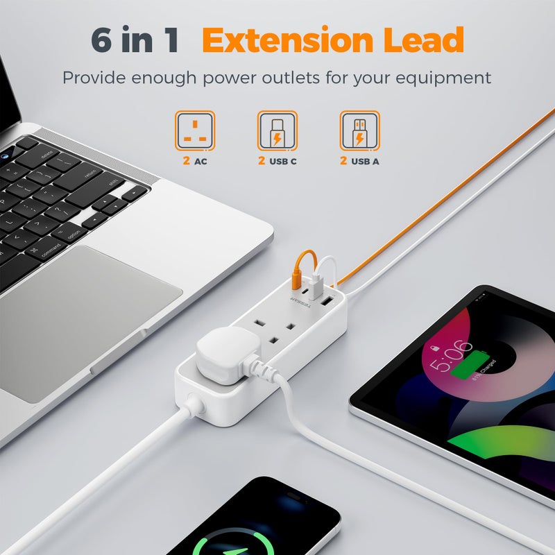 تيسان TESSAN 1.5M Extension Lead with PD 20W USB C Charger (4 USB Slots) - Image 2