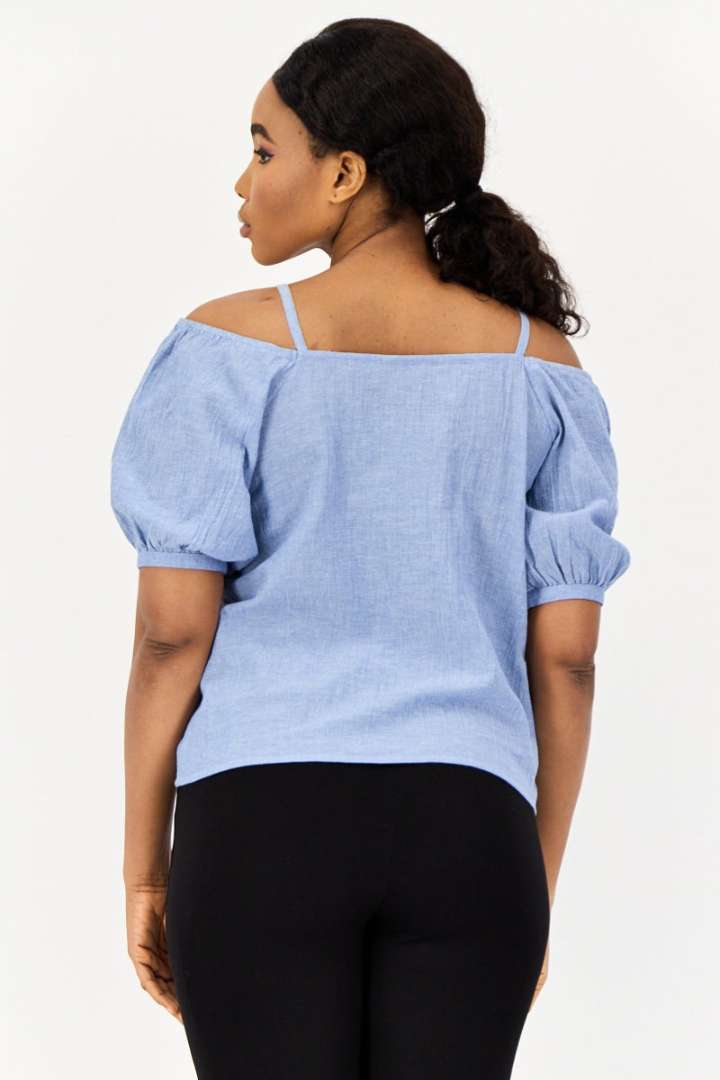 ONLY Women Queen Anne Short Sleeve Plain Blouse, Dusty Blue - Image 3