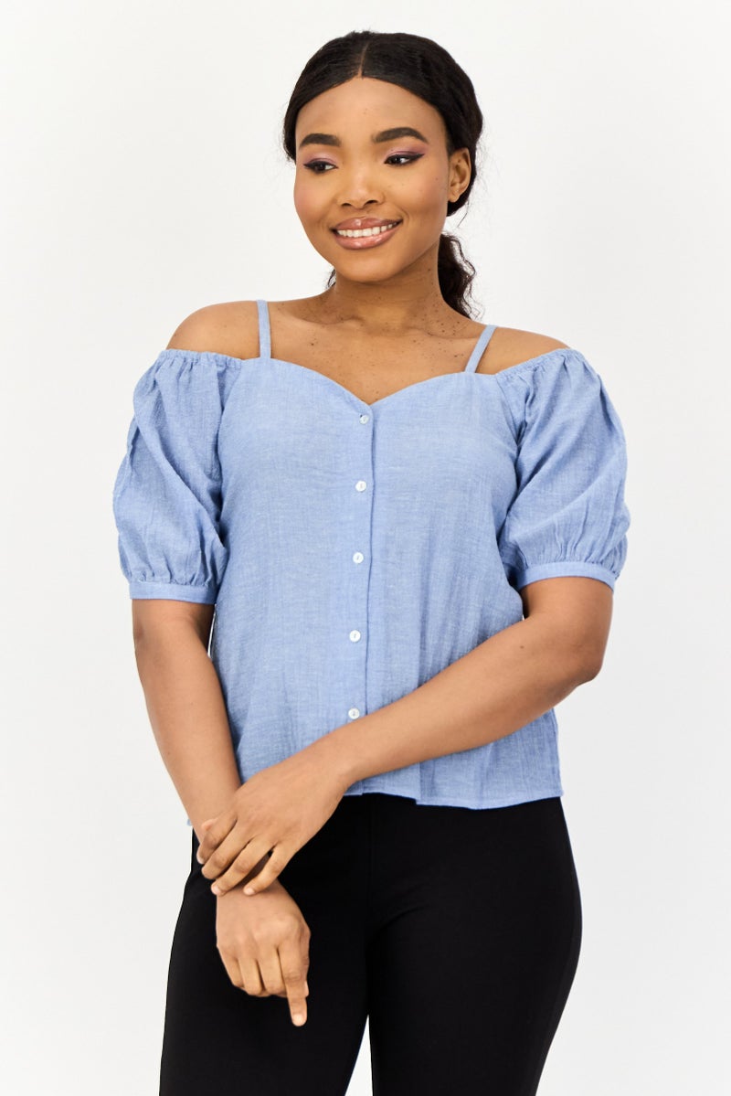 ONLY Women Queen Anne Short Sleeve Plain Blouse, Dusty Blue - Image 1