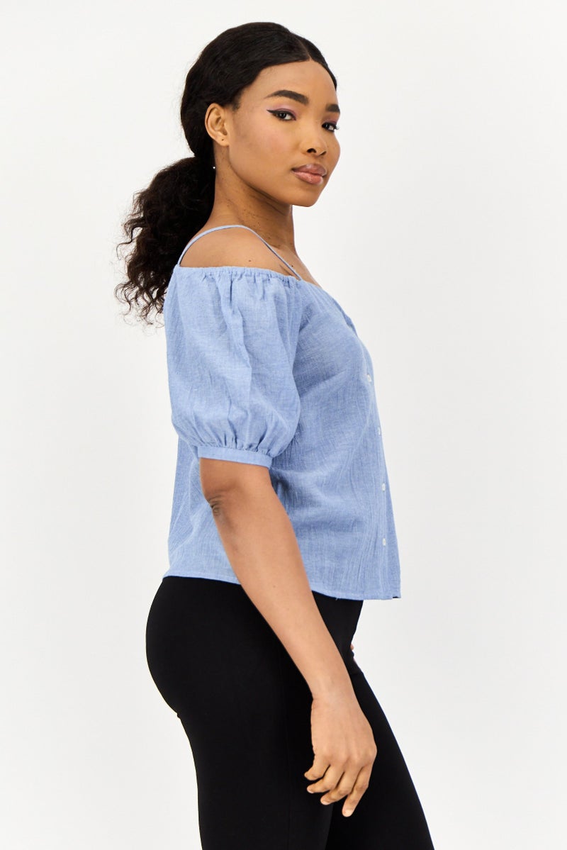 ONLY Women Queen Anne Short Sleeve Plain Blouse, Dusty Blue - Image 4
