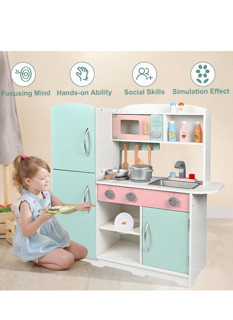 MaBaby Wooden Pretend Play Kitchen Set Toy Kitchen Set with Stove,Oven,Sink,Fridge and 11 Pcs Kitchen Playset Accessories, Play Kitchen Sets for Kids,Toddler Kitchen Playset Gifts  - Image 2