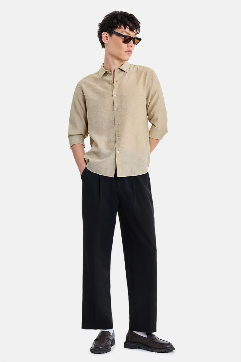 سنيتش Khaki Textured Long Sleeve Regular Fit Shirt