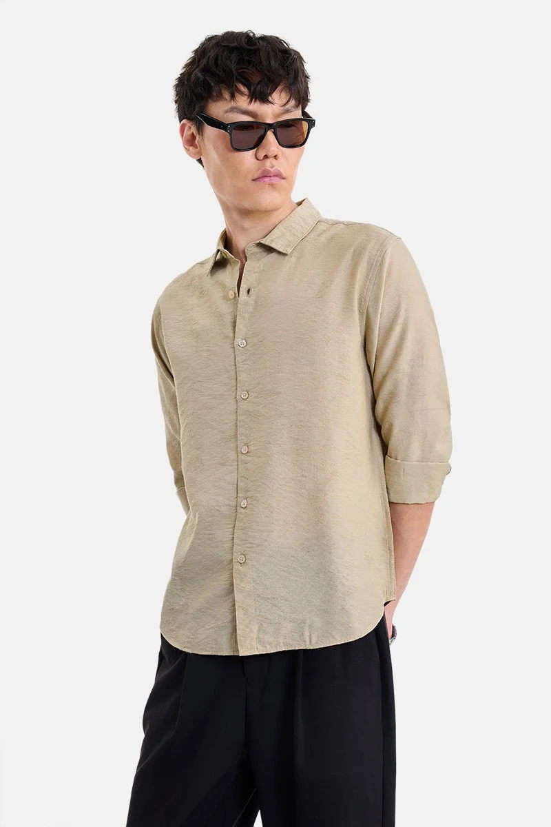 سنيتش Khaki Textured Long Sleeve Regular Fit Shirt
