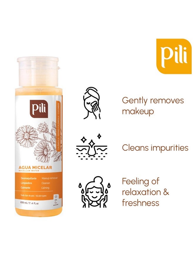 Pili ماء ميسيلار مع كاليندولا وخيار. ينظف ويرطب البشرة. مزيل مكياج مقاوم للماء. تونر لطيف للوجه والعينين والشفتين؛ لجميع أنواع البشرة؛ زجاجة مضخة سعة 7.4 أونصة سائلة. - Image 3