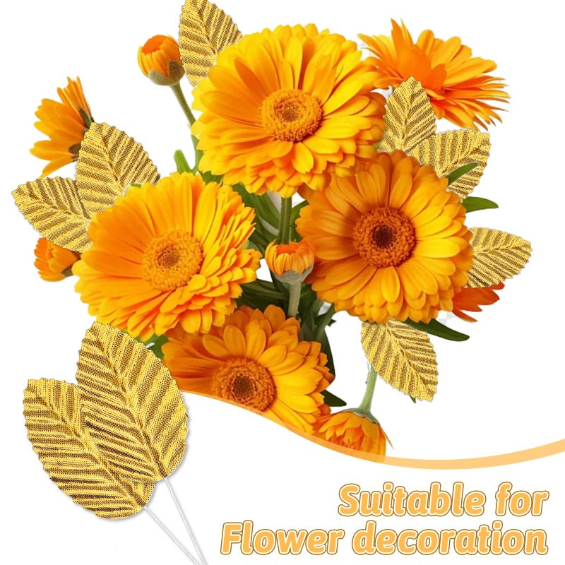 Bruislard 200 Pcs Golden Artificial Leaves with Stems DIY Corsage Single Leaf Crafts Gold Floral Accents Silk Leaf Artificial Leaves for Wedding Party Home Decor Flower Bouquet - Image 5