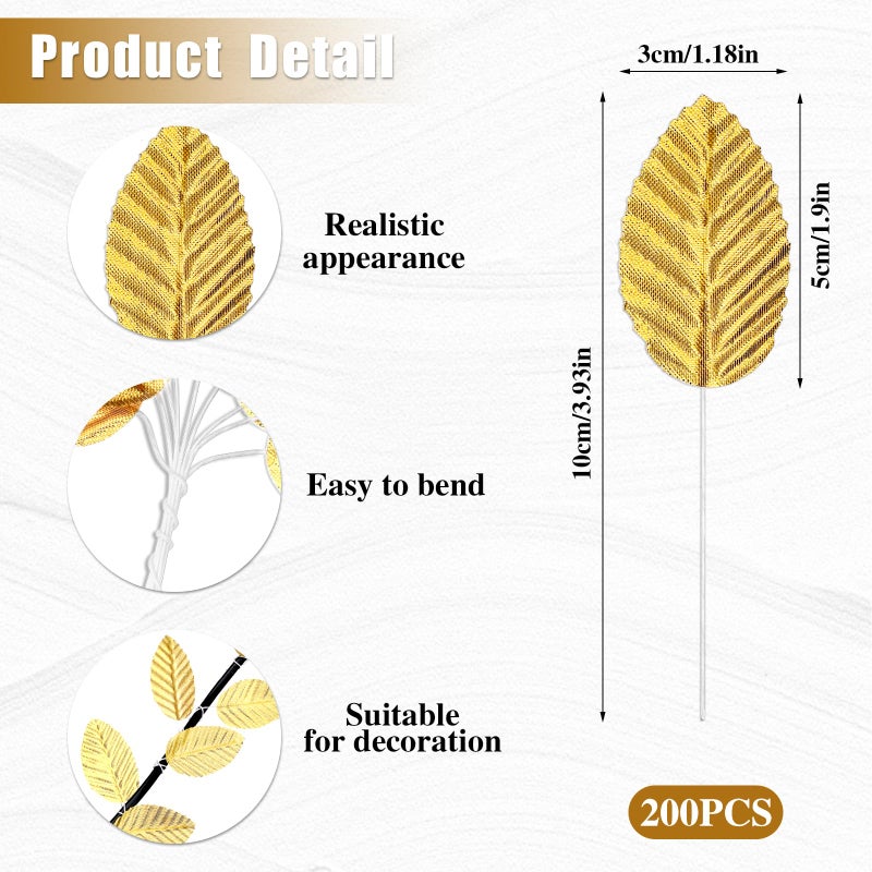 Bruislard 200 Pcs Golden Artificial Leaves with Stems DIY Corsage Single Leaf Crafts Gold Floral Accents Silk Leaf Artificial Leaves for Wedding Party Home Decor Flower Bouquet - Image 2
