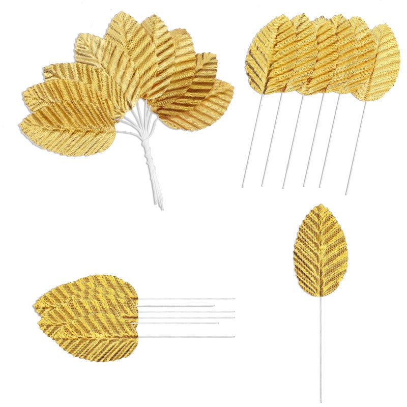 Bruislard 200 Pcs Golden Artificial Leaves with Stems DIY Corsage Single Leaf Crafts Gold Floral Accents Silk Leaf Artificial Leaves for Wedding Party Home Decor Flower Bouquet - Image 1