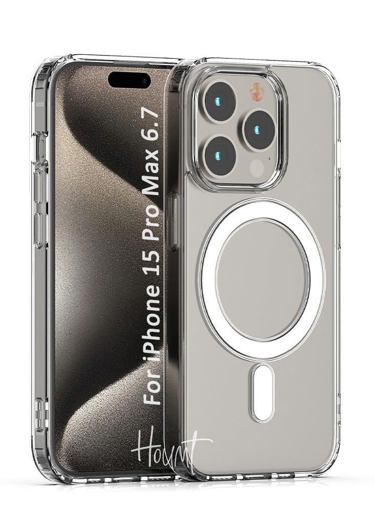 حومة جراب Magsafe لهاتف iPhone 15 Pro Max يدعم الشحن اللاسلكي ومقاوم للاصفرار ومضاد للخدش وغطاء مغناطيسي لهاتف Apple iPhone 15 Pro Max شفاف - Image 1