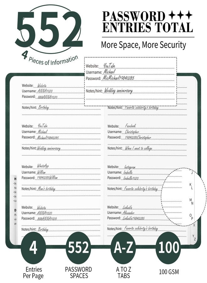 ALKALO Password Book with Alphabetical Tabs, 5.4"x7.8"Password Keeper Book, 160 Pages/100GSM Hardcover Notebook, Password Organizer for Internet Website Address Login - Image 2