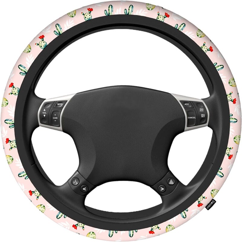 Swono Green Cactus Steering Wheel Cover Cute Prickly Pear Cactus Print Pattern On Pink Universal 15 Inch Auto Car Steering Wheel Covers SUV Anti Slip Wheel Wrap Protector for Men Women - Image 2