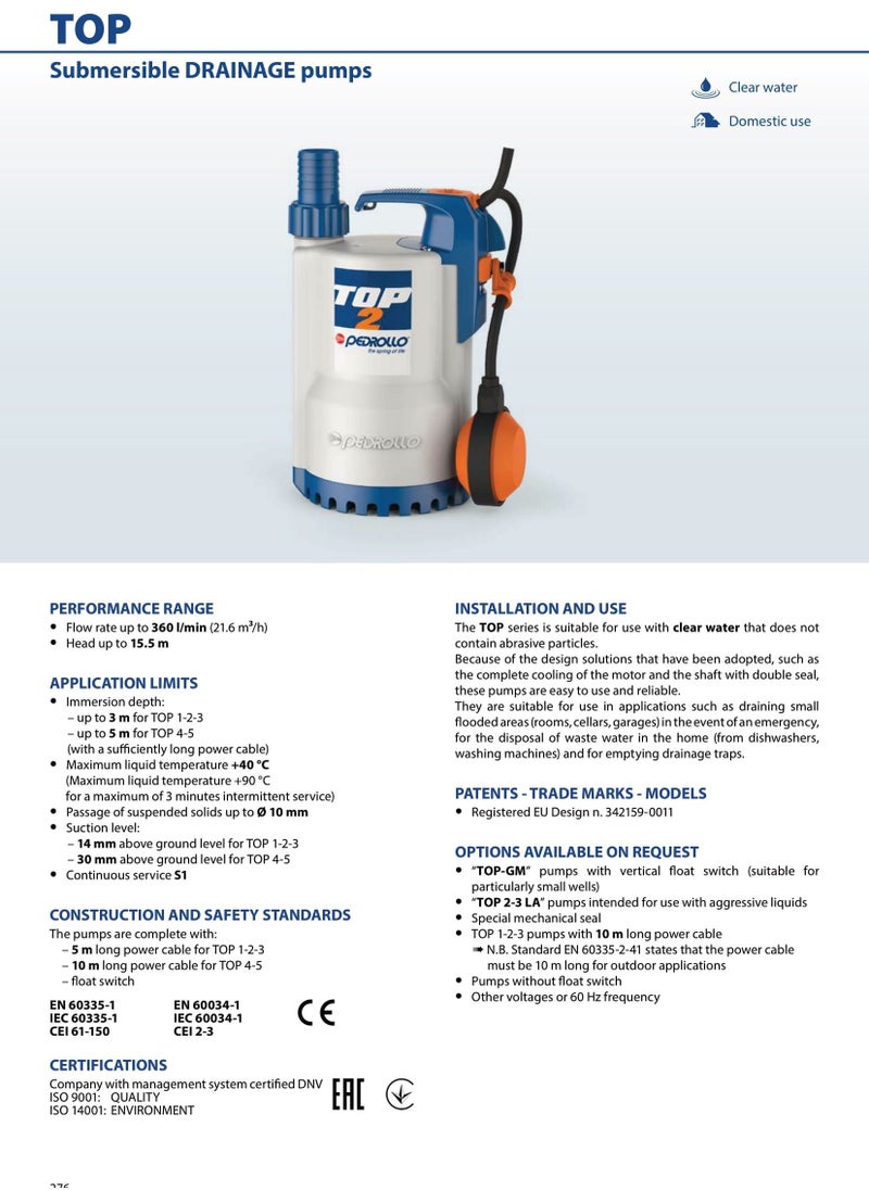 Pedrollo - pedrollo - TOP3  - Clean Water Submersible Pump 0.75 HP - Image 1