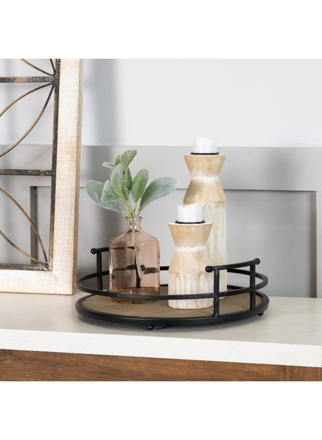 Stratton Home Decor صينية دائرية معدنية وخشبية من ستراتون هوم ديكور | ديكور صينية طاولة قهوة خشبية للأسطح الفارغة | صينية تقديم دائرية زخرفية مع مقابض - Image 2