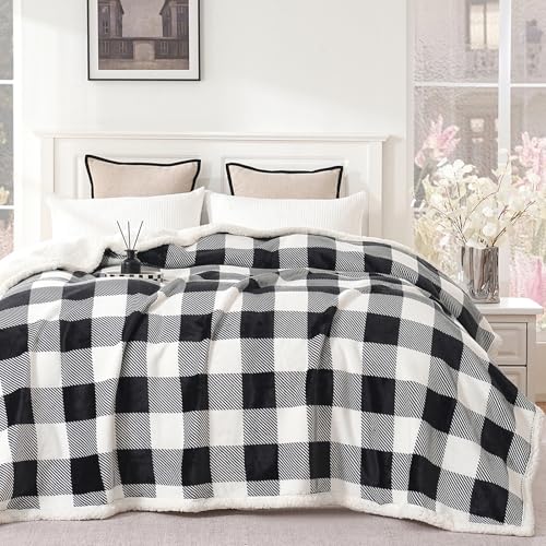 PU MEI Sherpa Fleece Throw Blanket 60" x 80" Reversible Plush Fluffy Large Big Blanket Lattice Flannel Blankets for All Season Use, Black and White - Image 2