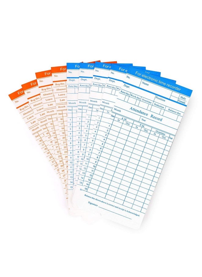 Flexzion Time Cards, Monthly Timesheet, Clock Timecard - 100 Pack, 6 Column 2-Sided Orange/Blue, Card For Time Punch Clock, Employee Attendance, Payroll Recorder, Small Business  - Image 1