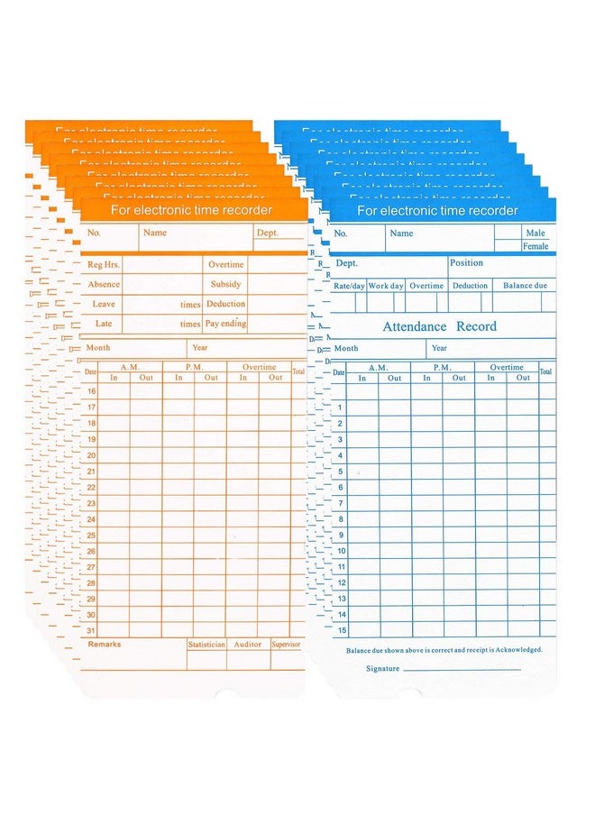 Flexzion Time Cards, Monthly Timesheet, Clock Timecard - 100 Pack, 6 Column 2-Sided Orange/Blue, Card For Time Punch Clock, Employee Attendance, Payroll Recorder, Small Business  - Image 5