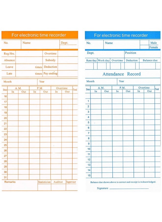 Flexzion Time Cards, Monthly Timesheet, Clock Timecard - 100 Pack, 6 Column 2-Sided Orange/Blue, Card For Time Punch Clock, Employee Attendance, Payroll Recorder, Small Business  - Image 2