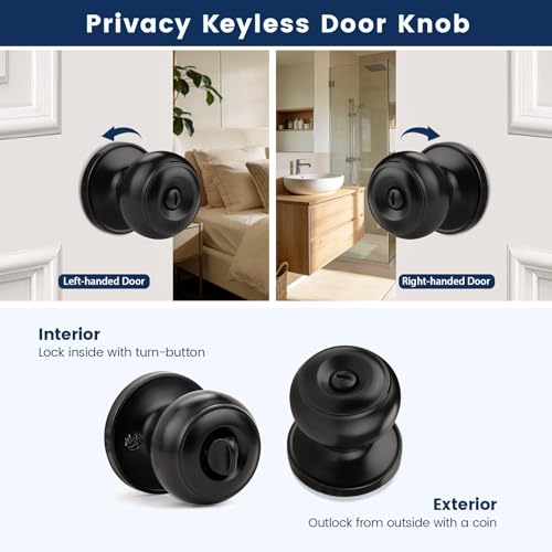 Orger 10 Pack Matte Black Privacy Door Knobs Interior, Classic Round Shape Bedroom Doorknobs with Lock, Keyless Modern Design Door Lockset for Bathroom and Bedroom - Image 5
