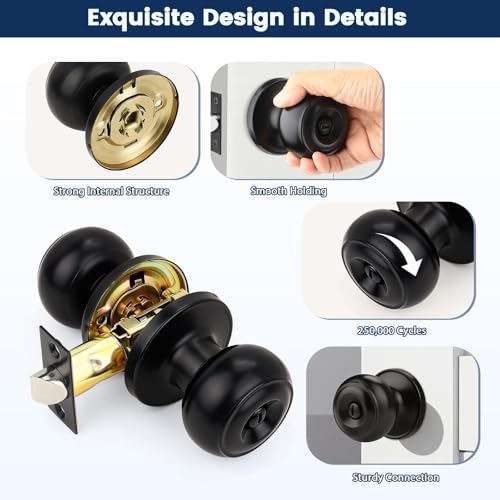 Orger 10 Pack Matte Black Privacy Door Knobs Interior, Classic Round Shape Bedroom Doorknobs with Lock, Keyless Modern Design Door Lockset for Bathroom and Bedroom - Image 3