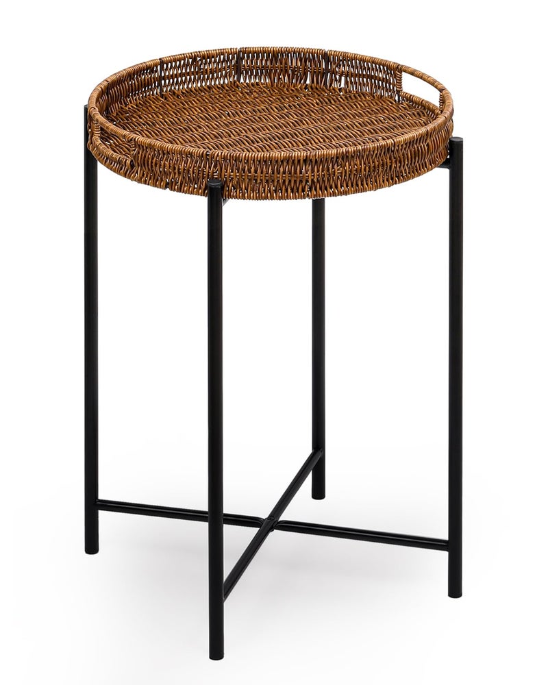 Small Wicker Round End Table 165 in Rattan End Tables with Removable Tray Waterproof Sofa Coffee Side Table Indoor Outdoor Side Tables for Patio Living Room Bedroom Office