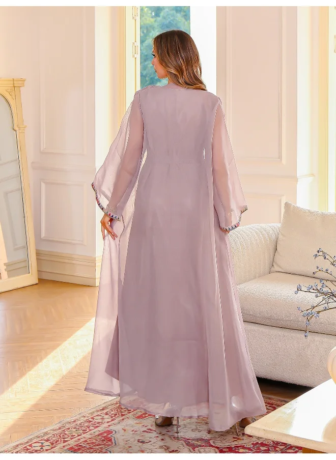 Madam Uniq Graceful Pink Abaya with Colorful Embroidered Trim
