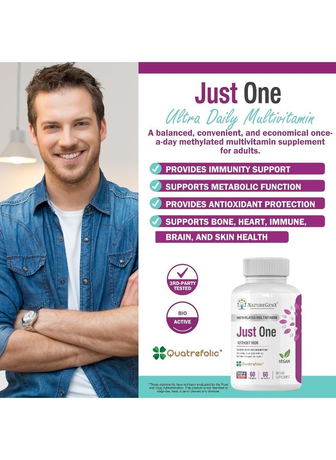 NatureGenX Just One Daily Methylated Multivitamin - 60 Caps Pure Methyl B12, Methylfolate Mthfr Support Supplement Iron Free Methylated Vitamins For Men & Women 2 Months Supply Gluten Free  - Image 3