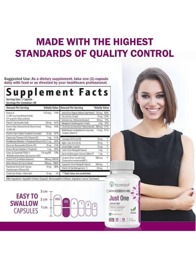 NatureGenX Just One Daily Methylated Multivitamin - 60 Caps Pure Methyl B12, Methylfolate Mthfr Support Supplement Iron Free Methylated Vitamins For Men & Women 2 Months Supply Gluten Free  - Image 4