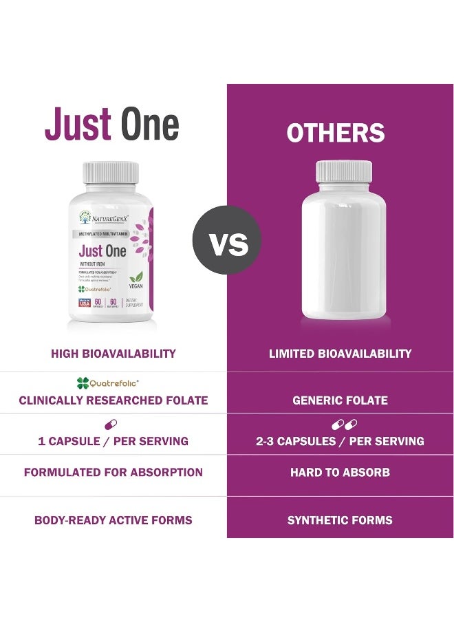 NatureGenX Just One Daily Methylated Multivitamin - 60 Caps Pure Methyl B12, Methylfolate Mthfr Support Supplement Iron Free Methylated Vitamins For Men & Women 2 Months Supply Gluten Free  - Image 5