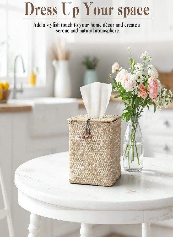 VZZNN 4 Pack Seagrass Tissue Box Cover Square Woven Tissue Box Holder Square Boho Decor Tissue Holder with Lid Farmhouse Tissue Box Cover for Toilet Bathroom Living Room Kitchen Bedroom Office Dorm - Image 2