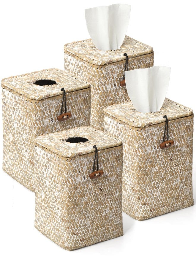 VZZNN 4 Pack Seagrass Tissue Box Cover Square Woven Tissue Box Holder Square Boho Decor Tissue Holder with Lid Farmhouse Tissue Box Cover for Toilet Bathroom Living Room Kitchen Bedroom Office Dorm - Image 1
