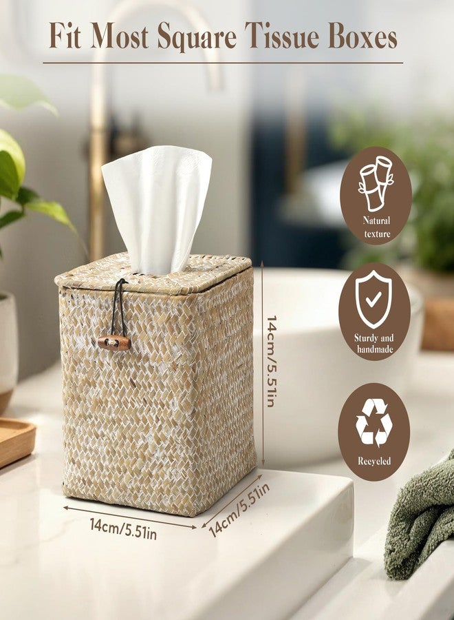 VZZNN 4 Pack Seagrass Tissue Box Cover Square Woven Tissue Box Holder Square Boho Decor Tissue Holder with Lid Farmhouse Tissue Box Cover for Toilet Bathroom Living Room Kitchen Bedroom Office Dorm - Image 3