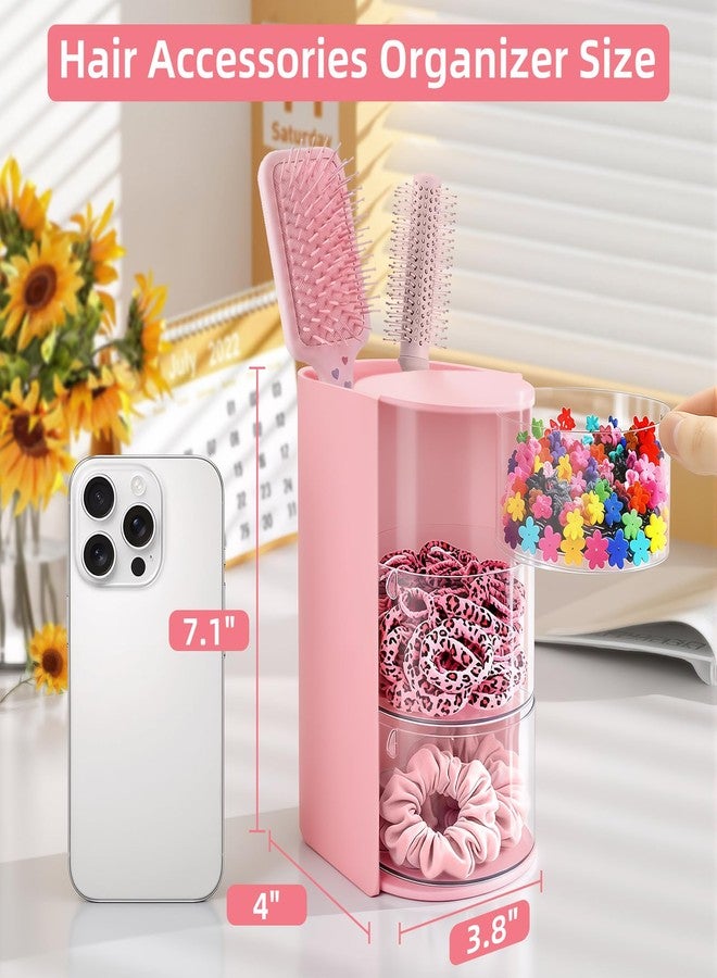 neotidy Hair Accessories Organizer with Hair Brush Holder, Rotating Hair Tie Product Organizer for Girls, 3-Tier Makeup Brush Holder for Clips, Bows & Brushes (Pink, 3-Tier) - Image 2