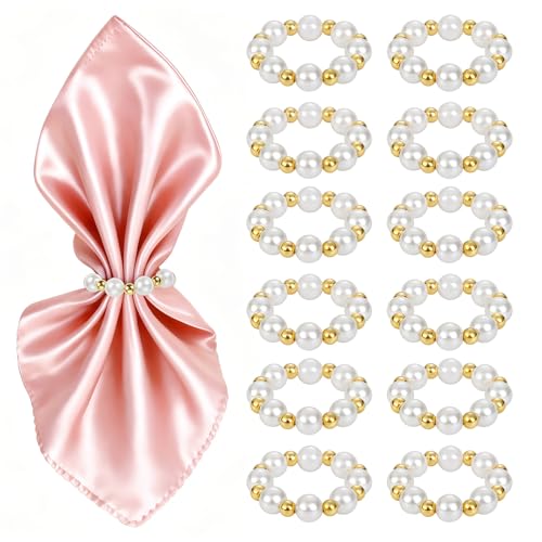 Suswillhit Pearl Napkin Rings Set of 12, Handmade Imitation Pearl Napkin Rings, Napkin Holder Tabletop Decor for Dinning Table Setting, Party, Wedding, Family Gatherings (Gold) - Image 1