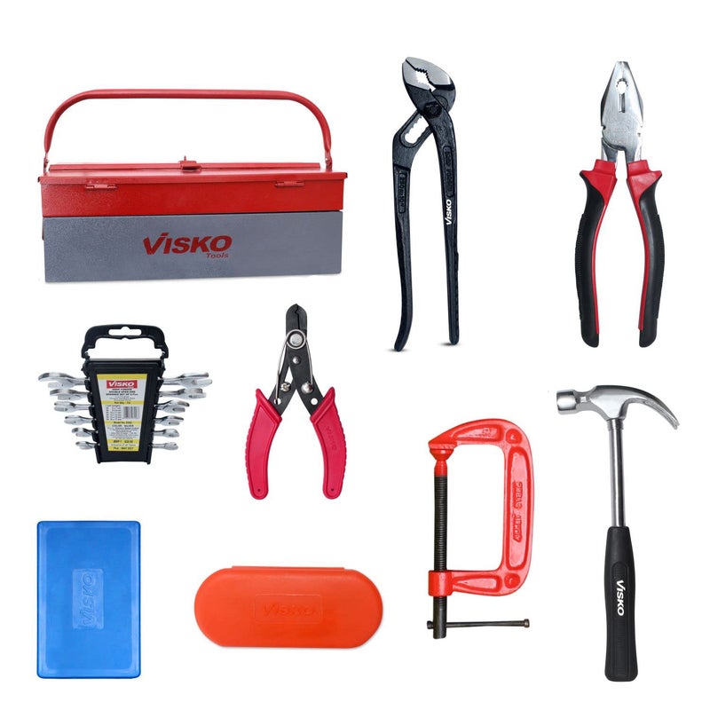 Visko Tools VISKO 829 Hand Tools Set of 27Pcs With 3 Pliers Hammer Spanners 6Pcs Tool Box Screwdrivers 6Pcs Allen Keys 9Pcs CClamp Multicolor Combo Pack - Image 1