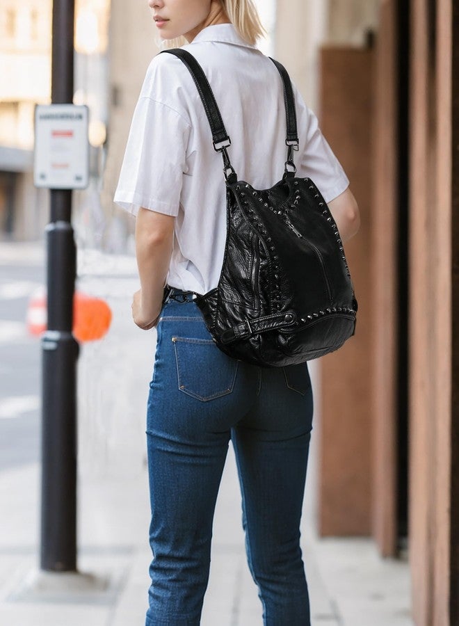 UTO Women Backpack Purse PU Washed Leather Rivet Studded Convertible Ladies Rucksack Shoulder Bag Black - Image 2