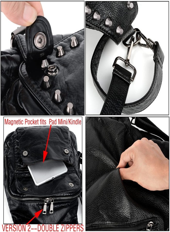 UTO Women Backpack Purse PU Washed Leather Rivet Studded Convertible Ladies Rucksack Shoulder Bag Black - Image 3