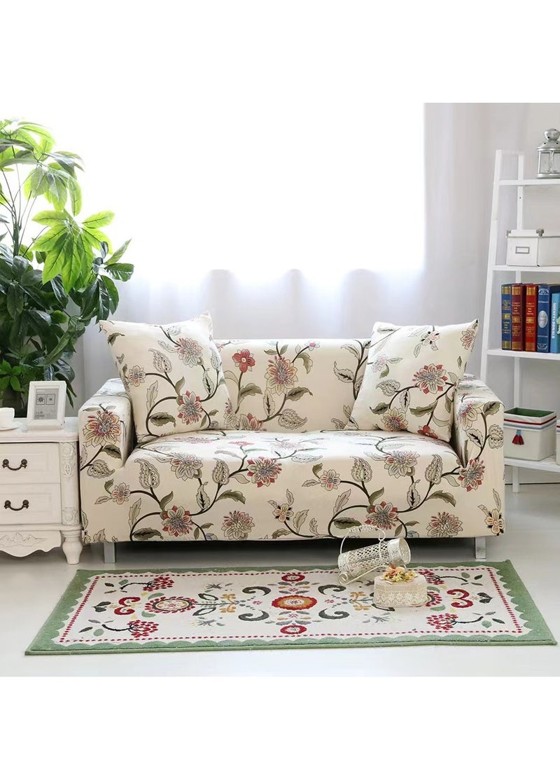 Bluejw 2-Seater Exquisitely Floarl Designed Wrinkle-free Anti-slip 360-degree Full Coverage Sofa Slipcover Easy Fit Stretch Couch Cover with Skirt Durable Washable High Elastic Stretchable Universal Furniture Protector Beige Length Stretch From 145 To 185cm - Image 1