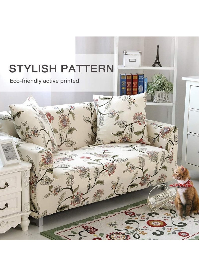 Bluejw 2-Seater Exquisitely Floarl Designed Wrinkle-free Anti-slip 360-degree Full Coverage Sofa Slipcover Easy Fit Stretch Couch Cover with Skirt Durable Washable High Elastic Stretchable Universal Furniture Protector Beige Length Stretch From 145 To 185cm - Image 2