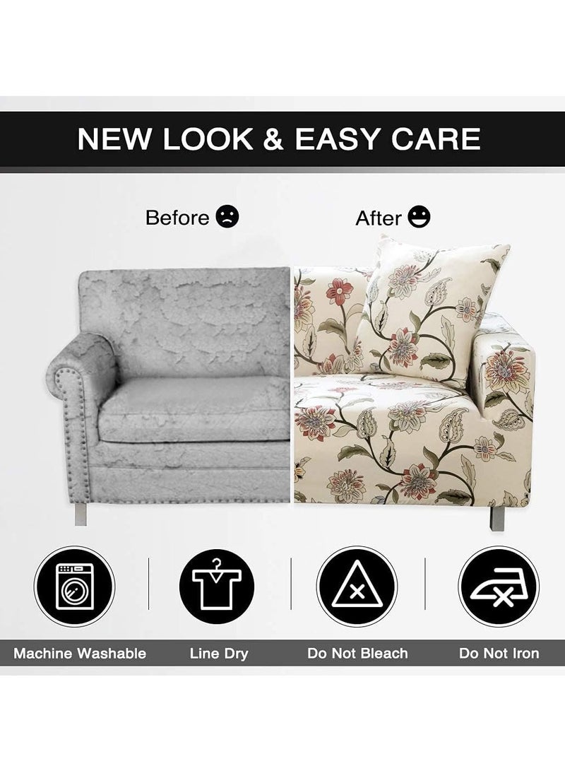 Bluejw 2-Seater Exquisitely Floarl Designed Wrinkle-free Anti-slip 360-degree Full Coverage Sofa Slipcover Easy Fit Stretch Couch Cover with Skirt Durable Washable High Elastic Stretchable Universal Furniture Protector Beige Length Stretch From 145 To 185cm - Image 3